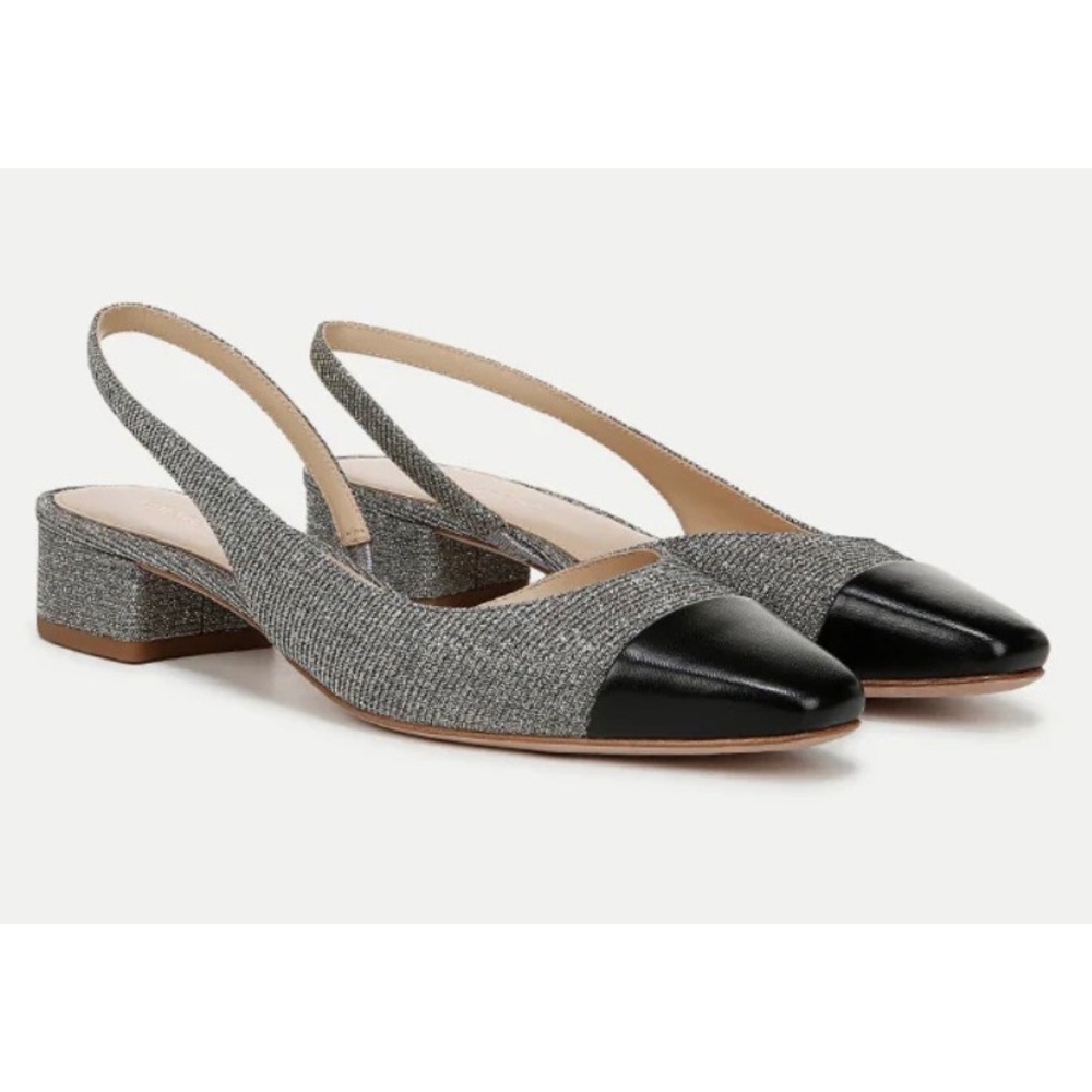 Veronica Beard Silver Metallic Black Cap Toe Slingback Block Heel Pumps 7M